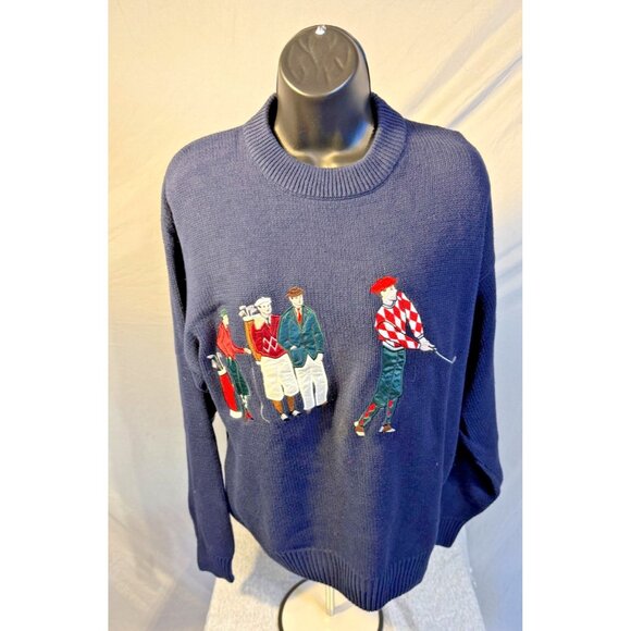 Izod Mens Golf Graphic Embroidered Design Navy Heavyweight Knit Size Medium M - Picture 1 of 3